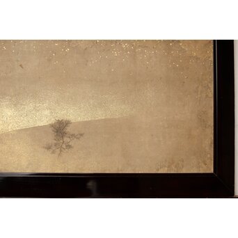 倣 松村景文 黒枠日本画欄間 鹿松 2枚1組　R0464 