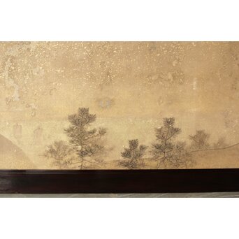 倣 松村景文 黒枠日本画欄間 鹿松 2枚1組　R0464 