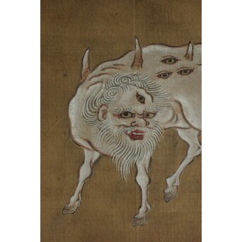 津村洞仙 白澤図 絹本掛軸　Z617 