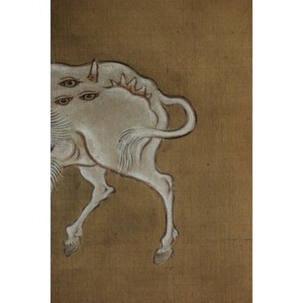 津村洞仙 白澤図 絹本掛軸　Z617 