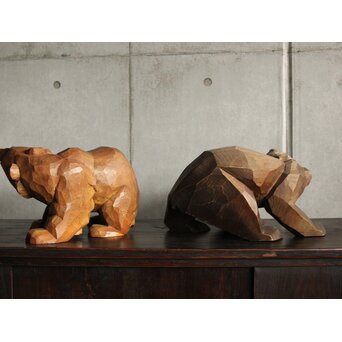 面彫 北海道産 木彫熊 白と黒 一対　X583 