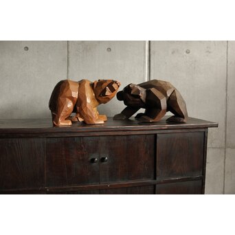 面彫 北海道産 木彫熊 白と黒 一対　X583 