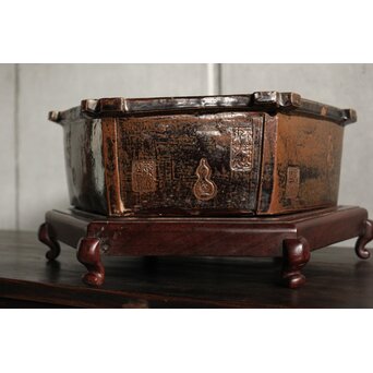 出雲焼 楽山窯 九代長岡空味 十代長岡空處 合作 六角飴釉鉢　P530 