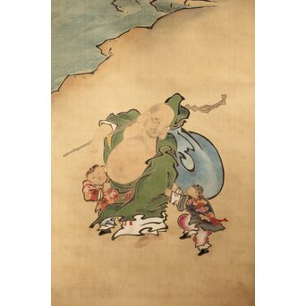 友禅染【布袋唐子図】染絵 染掛軸　Z623 