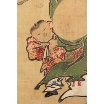 友禅染【布袋唐子図】染絵 染掛軸　Z623 