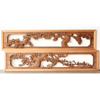 寺崎明 井波彫刻 花鳥木彫欄間 2枚1組　R0467