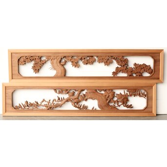 寺崎明 井波彫刻 花鳥木彫欄間 2枚1組　R0467 ウラ