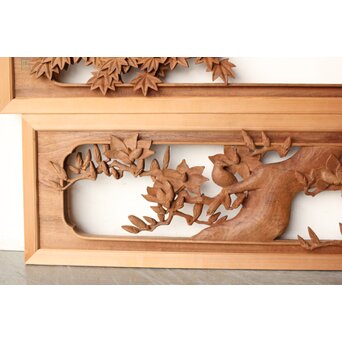 寺崎明 井波彫刻 花鳥木彫欄間 2枚1組　R0467 