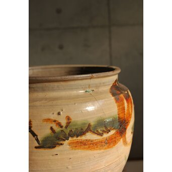 江戸時代 古武雄 鉄絵緑彩松岩文 水甕　P537 