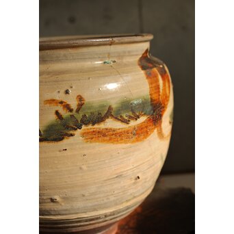 江戸時代 古武雄 鉄絵緑彩松岩文 水甕　P537 