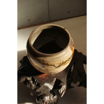 江戸時代 古武雄 鉄絵緑彩松岩文 水甕　P537 