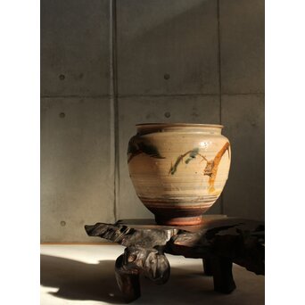 江戸時代 古武雄 鉄絵緑彩松岩文 水甕　P537 