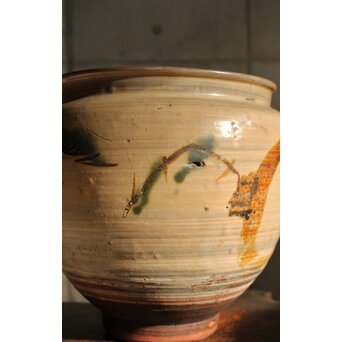 江戸時代 古武雄 鉄絵緑彩松岩文 水甕　P537 