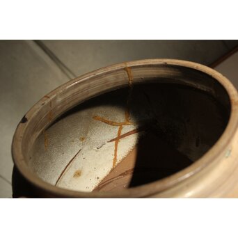 江戸時代 古武雄 鉄絵緑彩松岩文 水甕　P537 