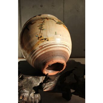 江戸時代 古武雄 鉄絵緑彩松岩文 水甕　P537 