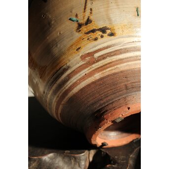 江戸時代 古武雄 鉄絵緑彩松岩文 水甕　P537 