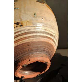 江戸時代 古武雄 鉄絵緑彩松岩文 水甕　P537 