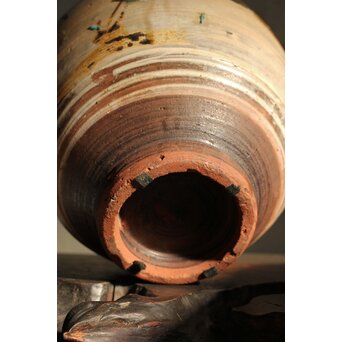 江戸時代 古武雄 鉄絵緑彩松岩文 水甕　P537 