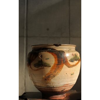 江戸時代 古武雄 鉄絵緑彩松岩文 水甕　P537 