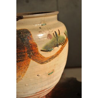 江戸時代 古武雄 鉄絵緑彩松岩文 水甕　P537 