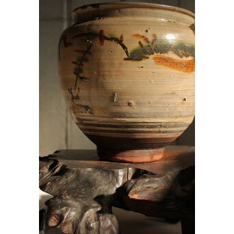 江戸時代 古武雄 鉄絵緑彩松岩文 水甕　P537 