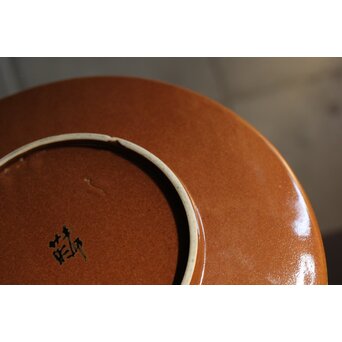 加藤土師萌 柿釉染付鷺文中皿 吸坂手 加藤絹子識箱　P543 