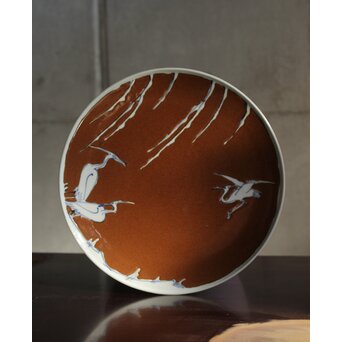 加藤土師萌 柿釉染付鷺文中皿 吸坂手 加藤絹子識箱　P543 