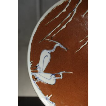 加藤土師萌 柿釉染付鷺文中皿 吸坂手 加藤絹子識箱　P543 