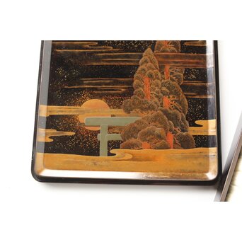 寛哉作 春日鹿曼荼羅蒔絵 硯箱　Q380 