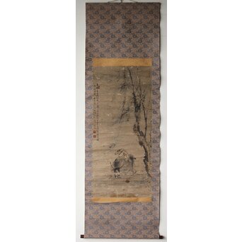 倣 高其佩 柳下牧牛 紙本掛軸　Z632