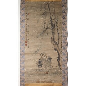 倣 高其佩 柳下牧牛 紙本掛軸　Z632 