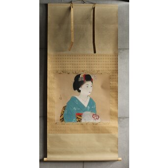 合掌描 中村貞以 舞子美人画 絹本軸装　Z634