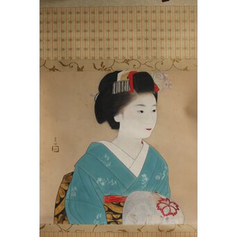 合掌描 中村貞以 舞子美人画 絹本軸装　Z634 