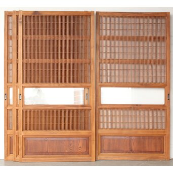 障子枠付 腰板欅 格子戸 4枚1組　L1166