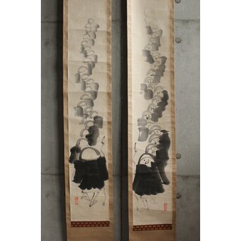 南天棒 白崖窟 中原鄧州 托鉢行列図 双幅掛軸 Z636 