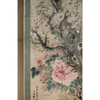 倣 田能村直入 花図 掛軸　Z638 