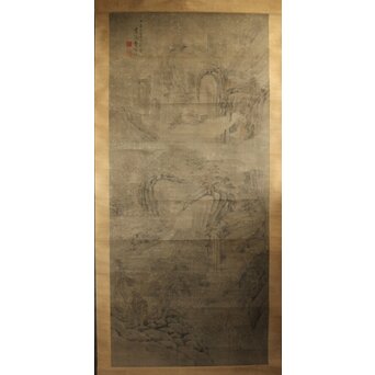 清人画家 費晴湖 山水 絹本掛軸　Z641