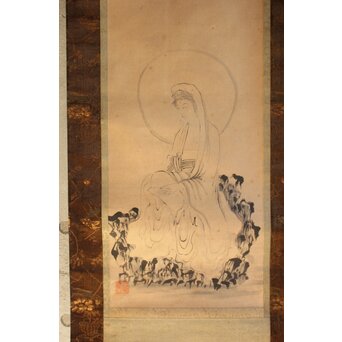 山崎弁栄 観音図 光明主義運動 紙本掛軸　Z642 