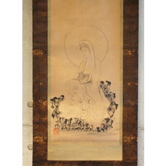 山崎弁栄 観音図 光明主義運動 紙本掛軸　Z642