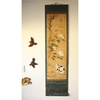 平時式 南蘋派か 猫と牡丹 絹本掛軸　Z657 