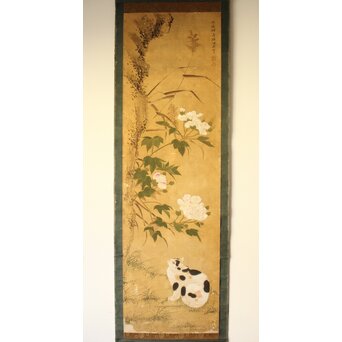 平時式 南蘋派か 猫と牡丹 絹本掛軸　Z657