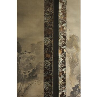 越寛一 馬晁 山水図 双幅 絹本掛軸　Z658 