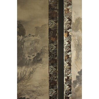 越寛一 馬晁 山水図 双幅 絹本掛軸　Z658 