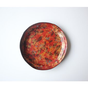 迎田秋悦/嘉亭 草花蒔絵 張貫青海盆 共箱　Q388