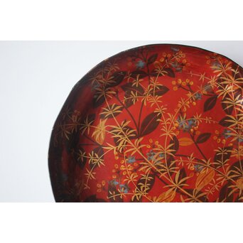 迎田秋悦/嘉亭 草花蒔絵 張貫青海盆 共箱　Q388 