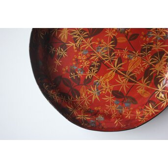 迎田秋悦/嘉亭 草花蒔絵 張貫青海盆 共箱　Q388 