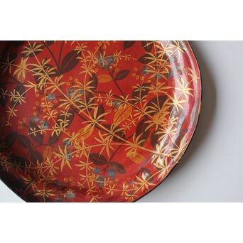 迎田秋悦/嘉亭 草花蒔絵 張貫青海盆 共箱　Q388 