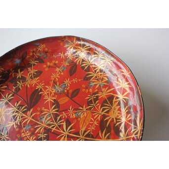 迎田秋悦/嘉亭 草花蒔絵 張貫青海盆 共箱　Q388 