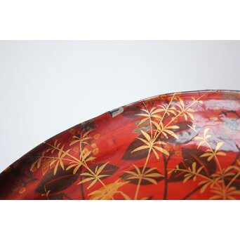 迎田秋悦/嘉亭 草花蒔絵 張貫青海盆 共箱　Q388 