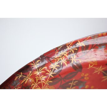 迎田秋悦/嘉亭 草花蒔絵 張貫青海盆 共箱　Q388 